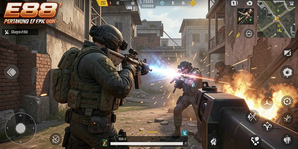Tampilan gameplay FPS yang seru dan mendebarkan di E88.