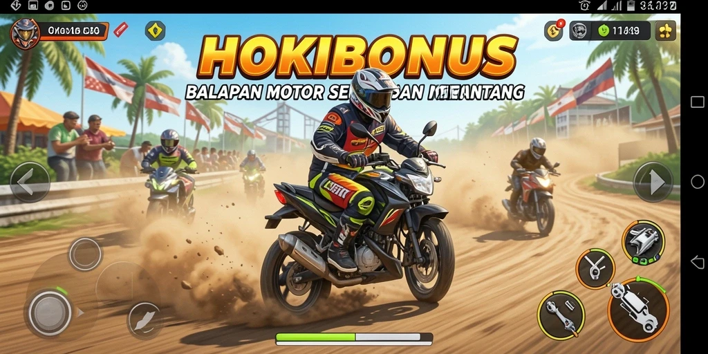 Gameplay seru HOKIBONUS dengan motor balap cepat.