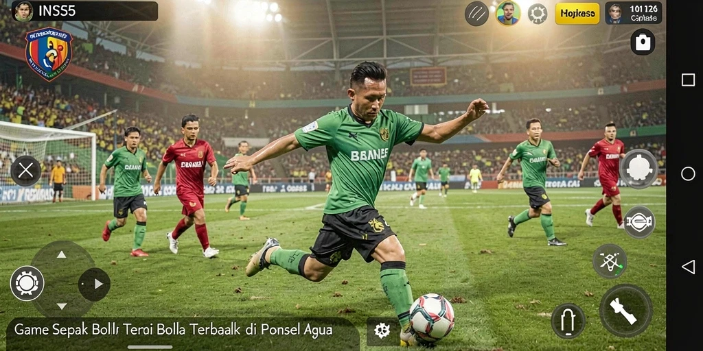 Tampilan gameplay INS55 dengan aksi sepak bola yang mendebarkan.