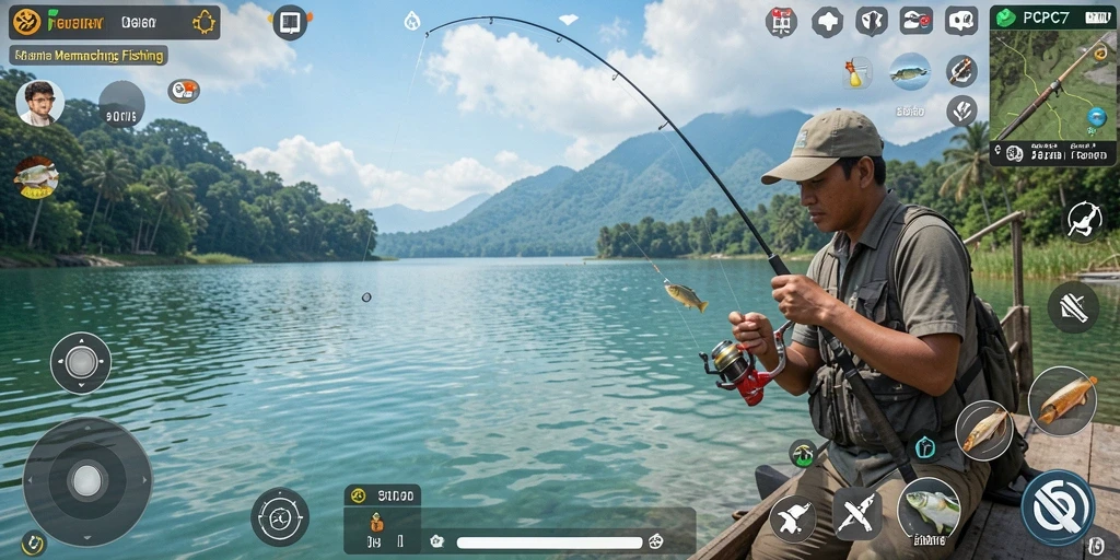 Screenshot gameplay PCPC7 yang menunjukkan aksi memancing yang mendebarkan.