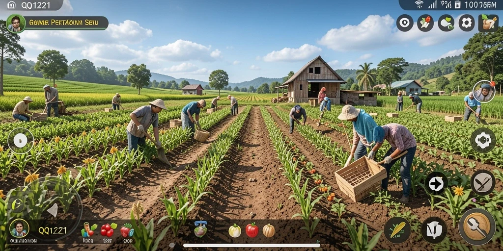 Screenshot gameplay QQ1221 menampilkan lahan pertanian yang subur dan hewan ternak.
